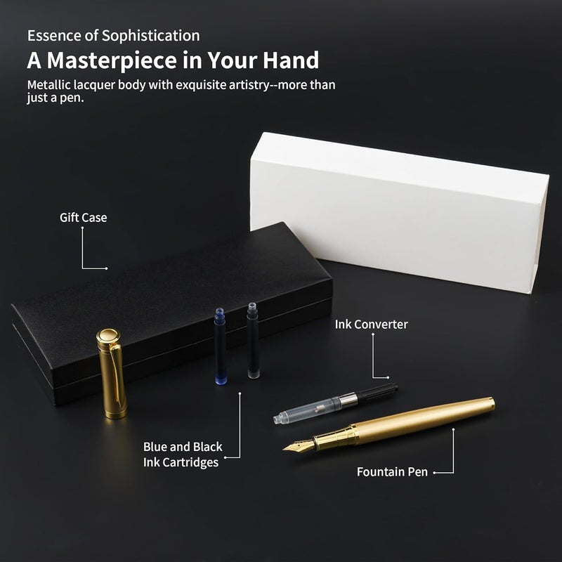 lucilynx Fountain Pen, Medium Nib, Includes 8 Ink Cartridges [Black & Blue] & Ink Converter, Calligraphy Pen, Consistent Writing, Nice Pens - Gold - Image 2